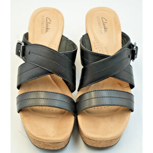 Clarks Collection Nerisa‎ Holly Black Leather Wedge Sandals Size 9M New